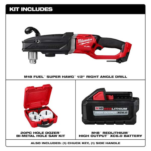M18 FUEL 18V SUPER HAWG 1/2 in. Right Angle Drill w/6.0Ah Battery & Hole Dozer Set (20-Pc)