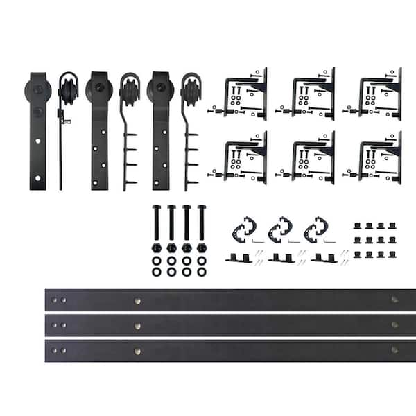 7.5 ft./90 in. Black Rustic Inverted Bent Triple Track Bypass Sliding Barn Door Track and Hardware Kit for Triple Doors