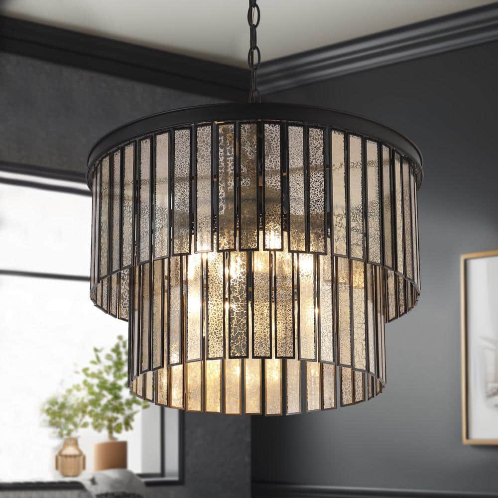 LNC Hemera 4Light Black Modern Drum Chandelier with 2Tier Plated