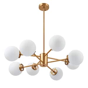8-Light Antique Brass Sputnik Style Chandelier with White Opal Glass Shades