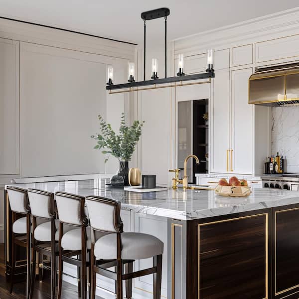 Yehudis Modern 5-Light Black and Gold Linear Chandelier Island Light with Cylinder Clear Glass Shade for Dining Room