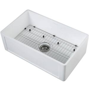 Holbrook Pure Stone 30 in. Single Bowl Farmhouse Apron Kitchen Sink with Grid and Strainer in White