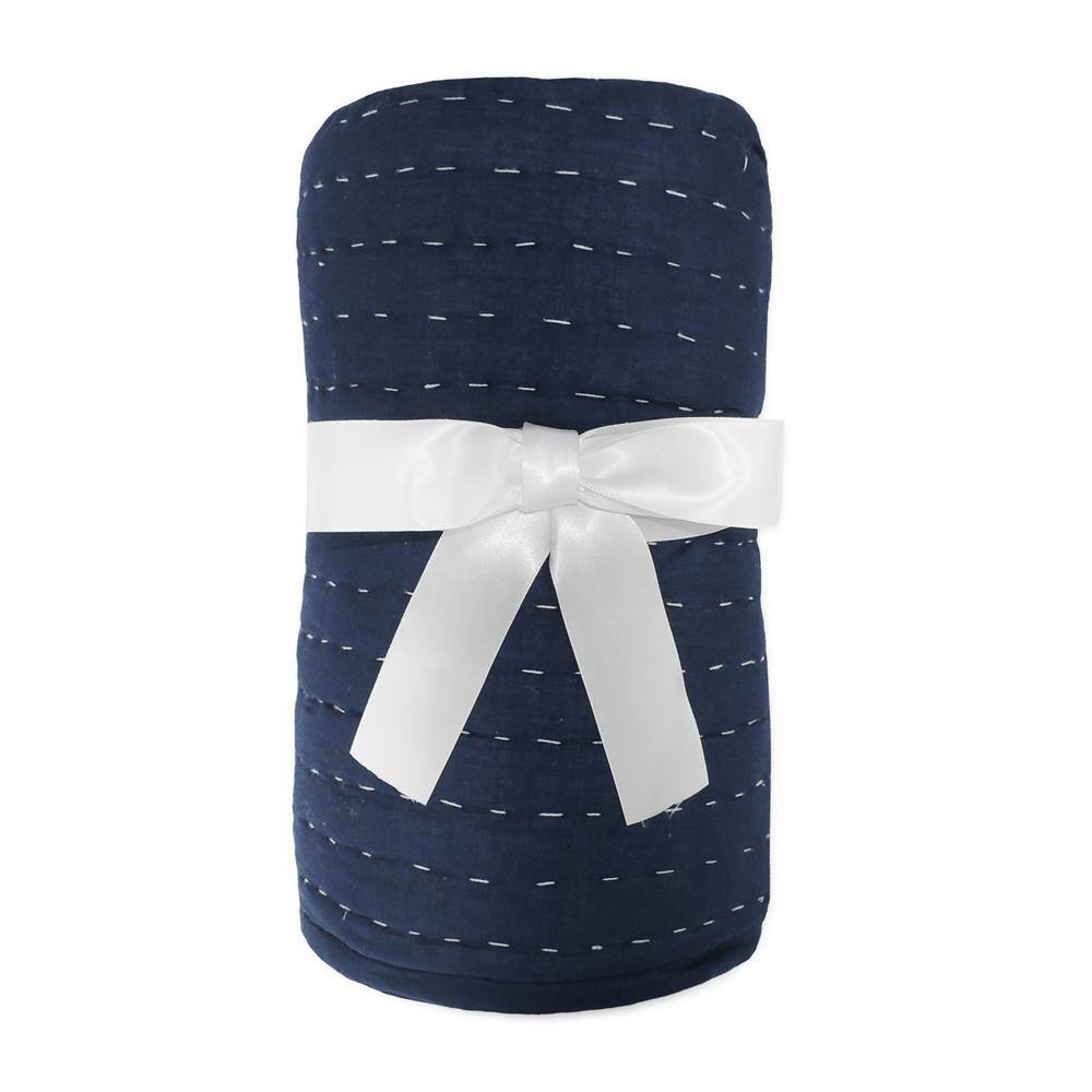Navy and Off-White Organic Cotton Reversible Throw Blanket