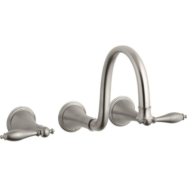 KOHLER Finial 8 in. Wall Mount 2-Handle Low-Arc Bathroom Faucet in Vibrant Brushed Nickel (Valve Not Included)