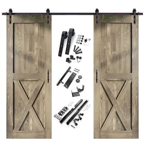 24 in. x 96 in. X-Frame Classic Gray Double Pine Wood Interior Sliding Barn Door with Hardware Kit, Non-Bypass