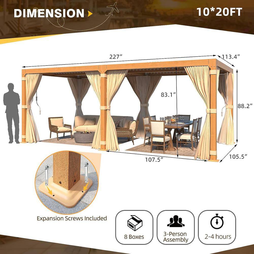 Beige Aluminum Pergola with Adjustable Roof and Curtains