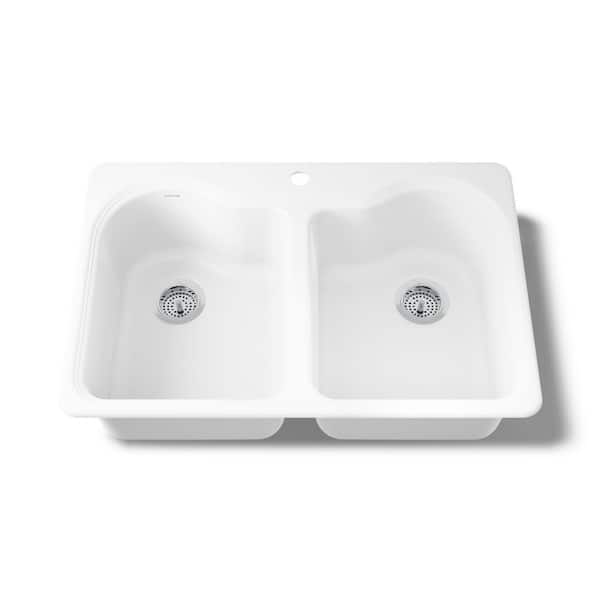 Hartland Cast Iron 33 in. 1-Hole Double Bowl Drop-In Kitchen Sink in White