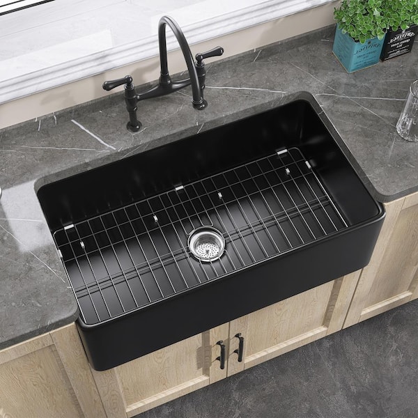 Rectangular Apron Front Farmhouse Sink 30 in. Single Bowl Black Fireclay Kitchen Sink with Bottom Grid and Strainer