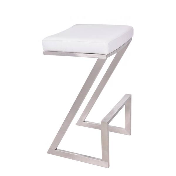 Armen Living Atlantis 30 in. Backless Bar Stool in Brushed Stainless Steel with White Pu upholstery