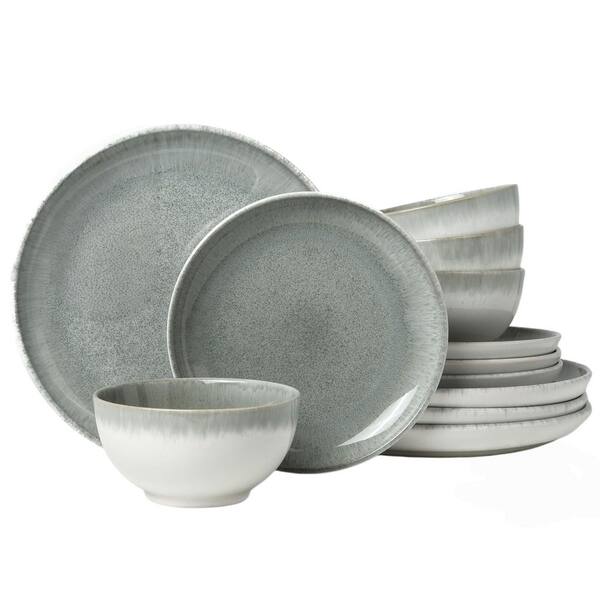 12-Piece Gradient Green Stoneware Dinnerware Sets, Reactive Glaze Plates and Bowls Sets Handmade Dish Set, Service for 4