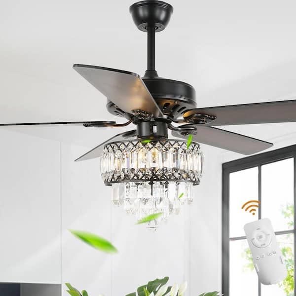 Luminelle 52 in. Indoor Black Luxury Crystal Ceiling Fan with Lights and Remote, 6 Speeds Reversible Caged Ceiling Fan