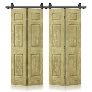 48 in. x 80 in. Antique Gold Stain 6 Panel MDF Double Hollow Core Bi-Fold Barn Door with Sliding Hardware Kit