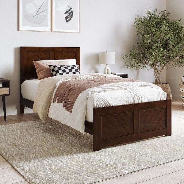 Berkshire Walnut Brown Solid Wood Frame Twin XL Low Profile Platform Bed with Matching Footboard
