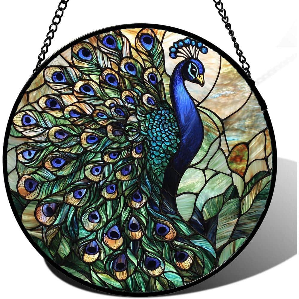 7.8x7.8 in. Stained Glass Window Hanging, Turquoise Peacock Sun