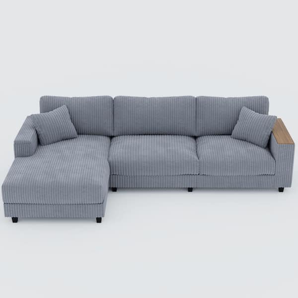 Kim 114.56 in. Corduroy Upholstery L-Shaped Sectional Sofa in. Gray with Hidden Storage, Reversible Chaise, Pillows