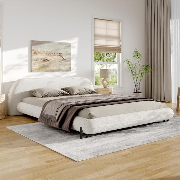 Glencoe White Boucle Fabric Upholstered Wood Frame Queen Size Platform Bed with Curve-Shaped Headboard, Steel Legs