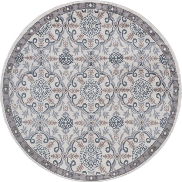 Tayse Rugs Hampton Brocade Cream 8 ft. Round Indoor Area Rug