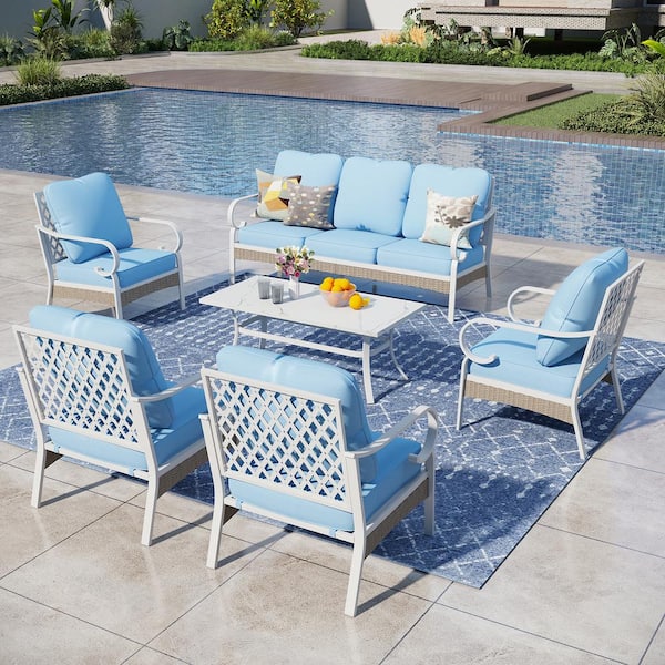 PHI VILLA White 6-Piece Metal Outdoor Patio Conversation Seating Set with Marbling Coffee Table and blue Cushions