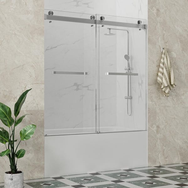 Sola 61 to 65 in. W x 66 in. H Double Sliding Frameless Tub Door in Brushed Nickel with 3/8 in. Easy-Clean Clear Glass