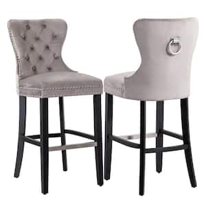 Harper 29 in. Gray Velvet Tufted Wingback Kitchen Counter Bar Stool with Black Solid Wood Frame (Set of 2)