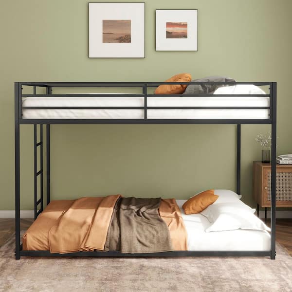 Black Metal Full Over Full Bunk Bed with Ladder and Guardrails for Kids and Adult