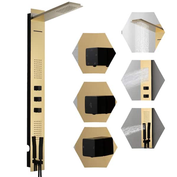 2-Jet Shower Panel System with Rainfall, Waterfall and Wand in Black Gold, Easy to Install