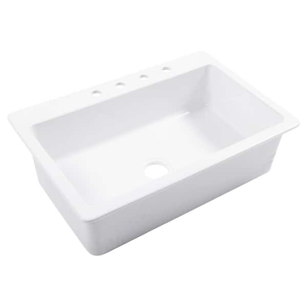 Jackson 33 in. 4-Hole Drop-In Single Bowl Crisp White Fireclay Kitchen Sink