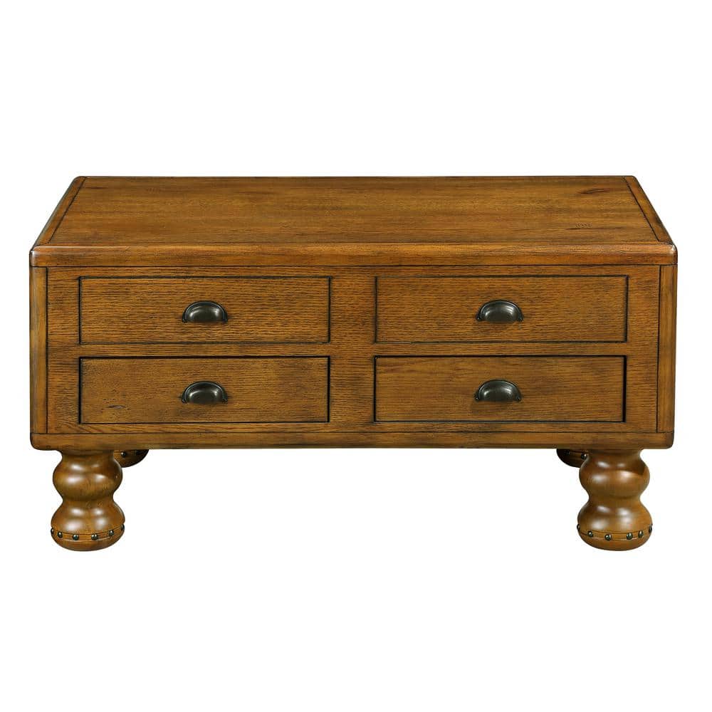 40 in. W Antique Brown Solid Wood Rectangle Coffee Table with 4-Drawers and