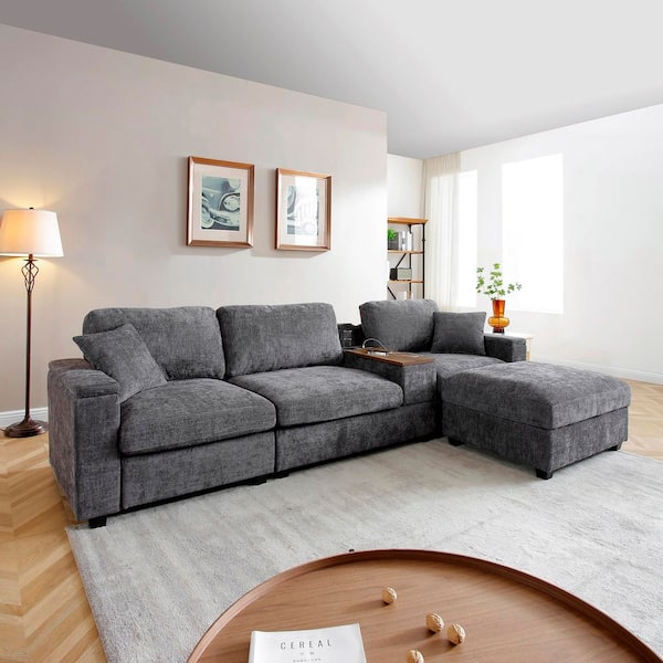 120.3 in. Square Arm 4-piece Linen L Shaped Free Combination Sectional Sofa in. Gray with USB Charger Storage Ottoman
