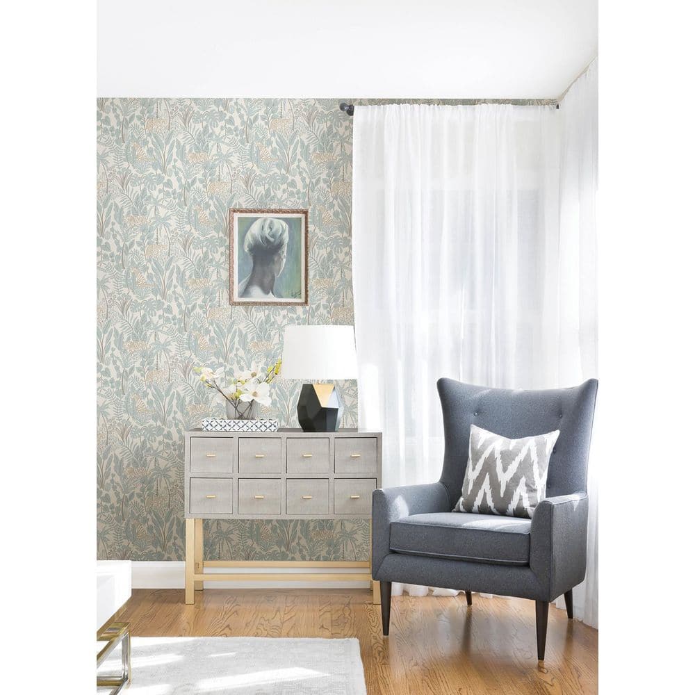Blue and Taupe Jungle Safari Peel and Stick Wallpaper Roll