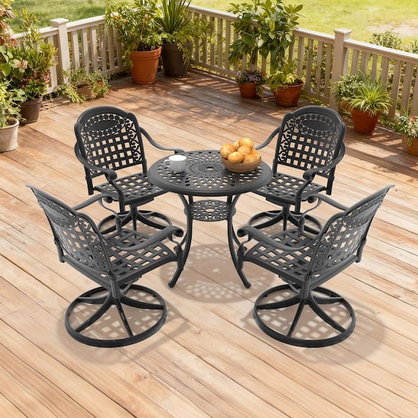 Black 5-Piece Cast Aluminum Patio Outdoor Dining Set with 4 Swivel Rockers with Blue Cushions and 30.71 in. Round Table