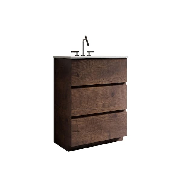 24 in. W Single Sink Freestanding Walnut Bath Vanity with White Ceramic Top and 3-Drawers
