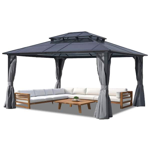 Endark 12 ft. x 16 ft. Grey Hardtop Gazebo with Polycarbonate Double Roof Pergola, Netting, and Curtain