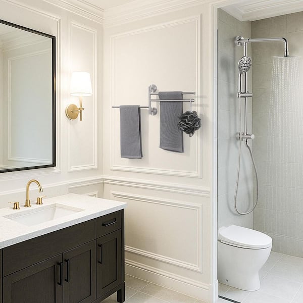 13.2 in. SUS 304 Stainless Steel Wall Mounted 3-Swivel Arms Towel Bar with Concealed Hardware in Brushed Nickel