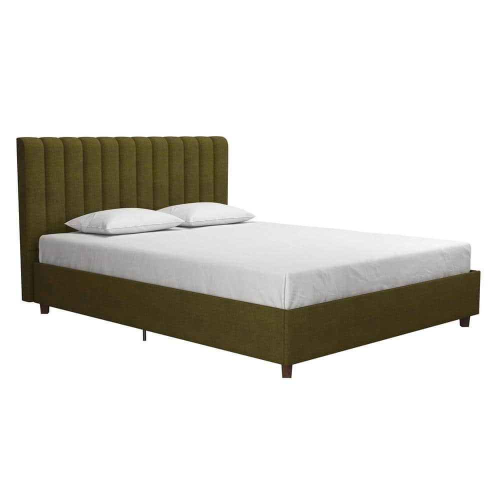 Green Linen Upholstered Queen Platform Bed with Oak Legs