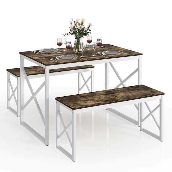 VECELO 3-Piece Dining Table Set for 4,43.3 in. Kitchen Table with 2 Benches, MDF Top and Metal Dinette, Dark Brown