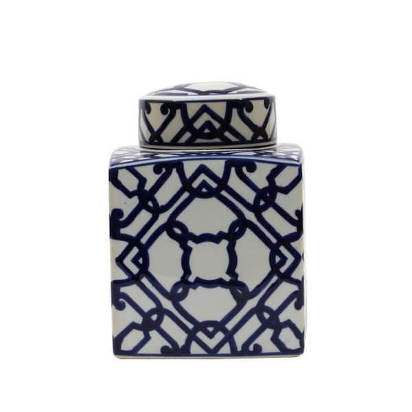 Storied Home Decorative Ceramic Ginger Jar with Lid in Blue and White
