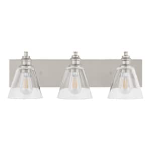 Manor 24 in. 3-Light Polished Nickel Industrial Bathroom Vanity Light with Clear Glass Shades