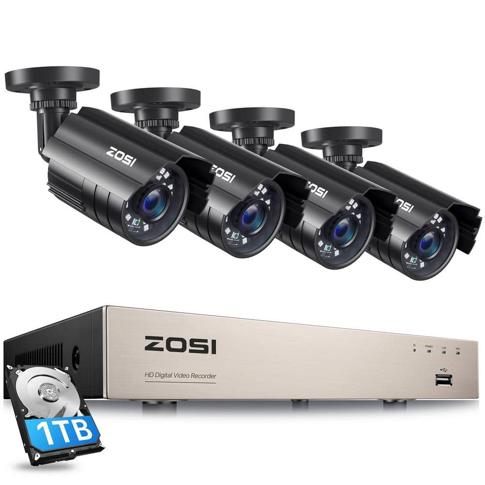 ZOSI 8-Channel 5MP-Lite 1TB DVR Security Camera System with 4 1080p Wired Bullet Cameras, Black