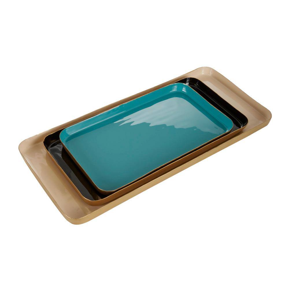 Multi-Colored Mango Wood and Enamel Serving Trays, Set of 3