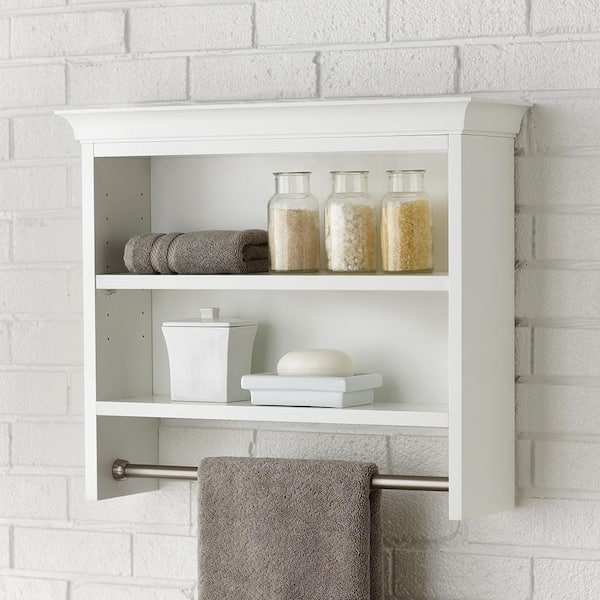 Home Decorators Collection Creeley 24 in. W x 21 in H x 7 in. D Wall-Mount 2-Tier Bathroom Shelf with Towel Bar in Classic White
