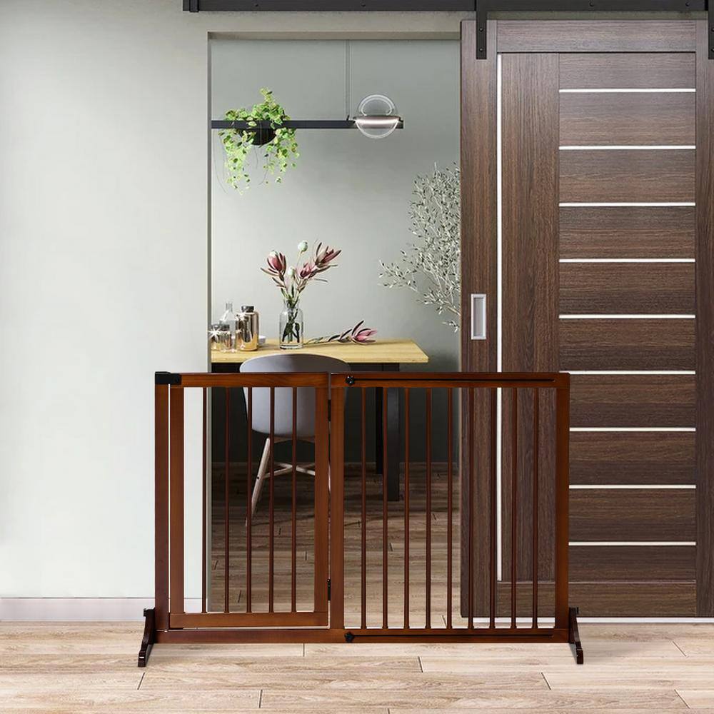 Adjustable Brown Pine Wood Freestanding Pet Gate with Lockable Door