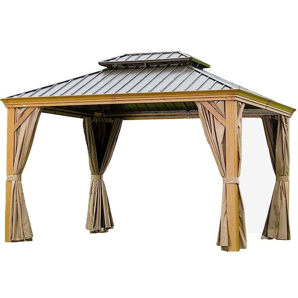 ToolCat 10 ft. x 12 ft. Yellow Brown Outdoor Aluminum Gazebo with Galvanized Steel Double Canopy and Curtains and Netting