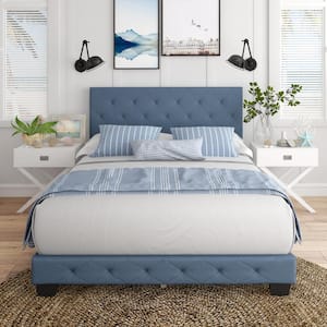 Chloe Linen Upholstered Platform Bed Frame, Blue, Queen