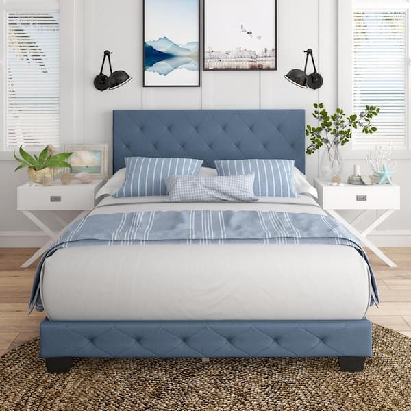 Boyd Sleep Chloe Blue Linen Queen Size Fully Upholstered Platform Bed Frame with Adjustable Headboard