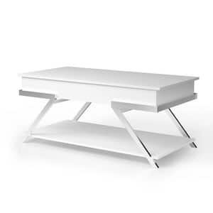 Tius 24 in. High Gloss White Chrome Frame Rectangle Wood Coffee Table with Lift Top