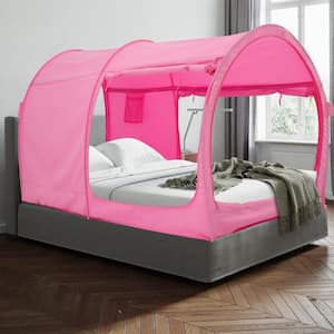 Indoor Pop Up Portable Frame Pongee Bed Canopy Tent Twin Curtains Breathable Pink Cottage (Mattress Not Included)