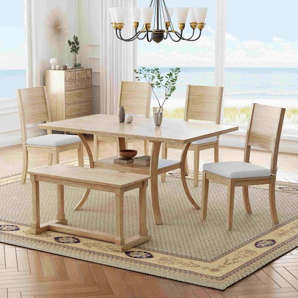 Polibi 6-Piece Modern Beige/Natural Wood Top Dining Room Set Seats 5