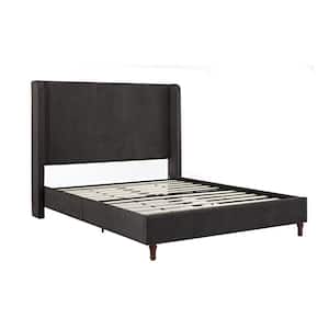 Harper Indoor Upholstered Metal Frame Tall Headboard Queen Platform Bed with Wingback, Dark Gray