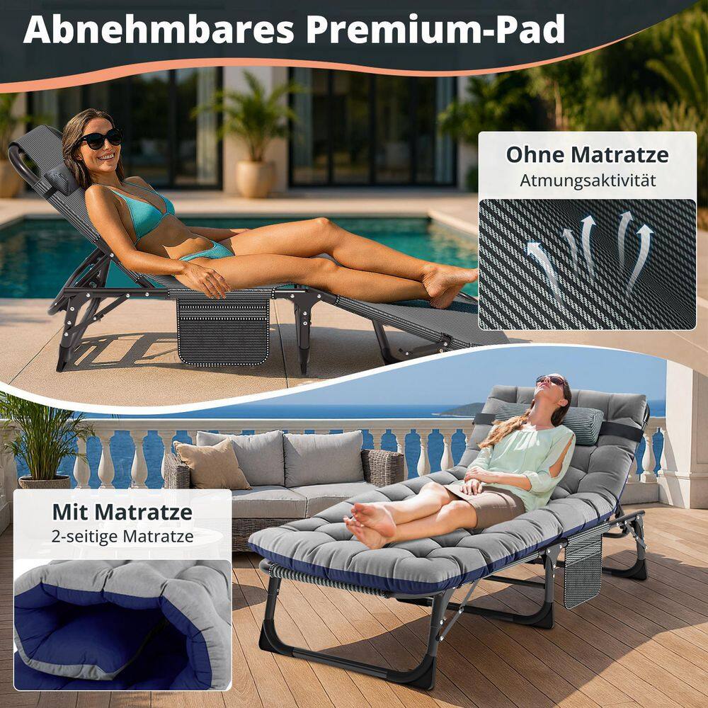 Comparison showing the lounge chair with and without the removable cushion.